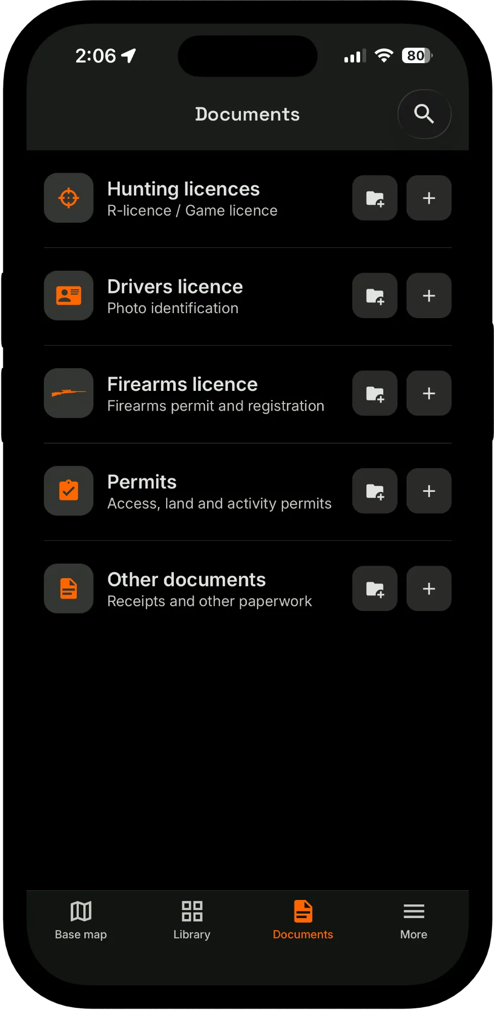 Documents tab with hunting, drivers and firearms licences, permits and other paperwork