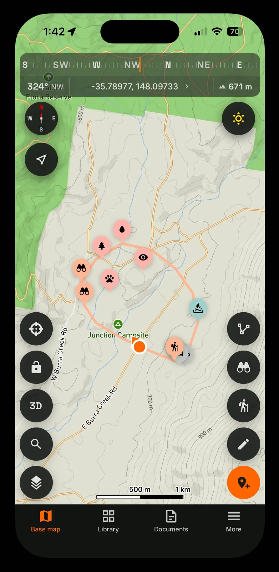 Map view with a planned route, waypoints, compass heading and quick actions