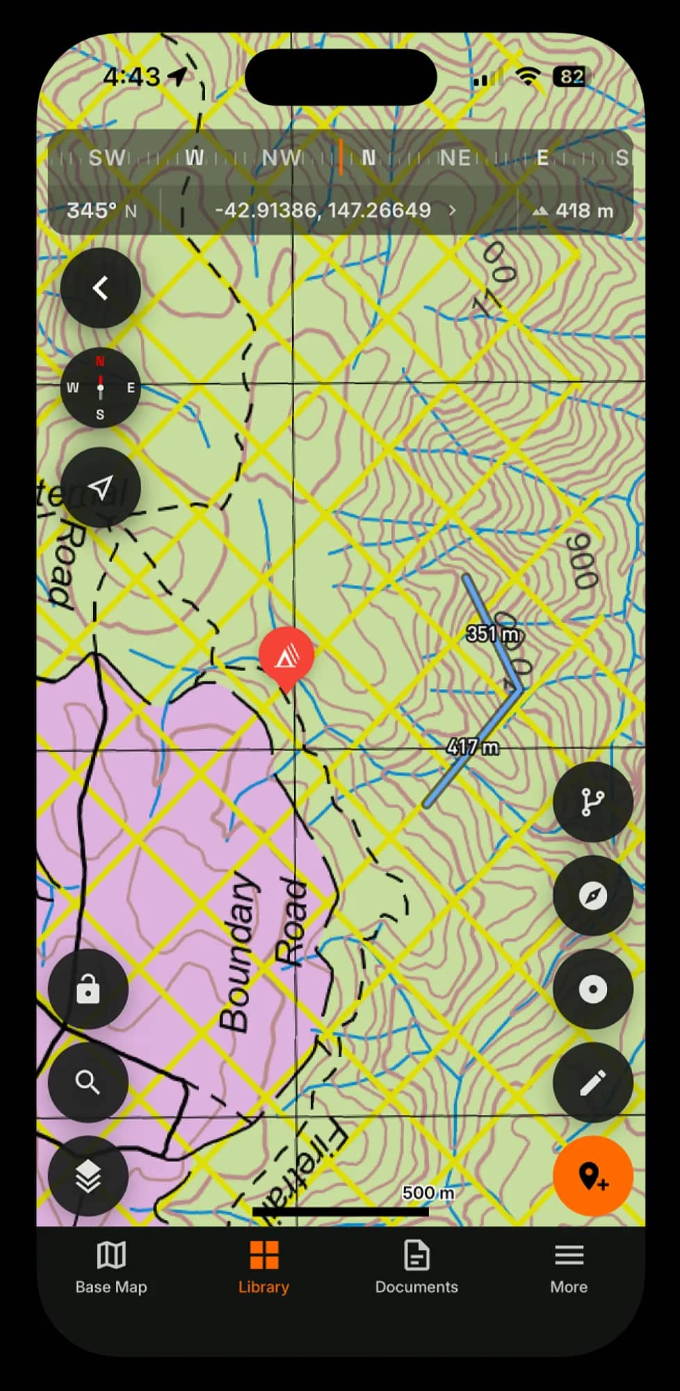 Map view with location, waypoints and quick actions