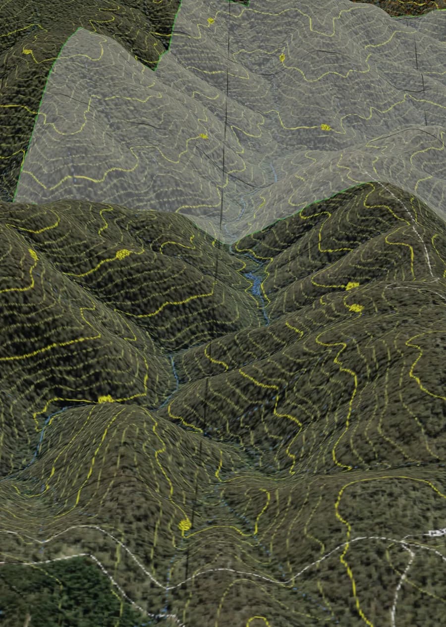 Topographic contour overlay draped over 3D terrain