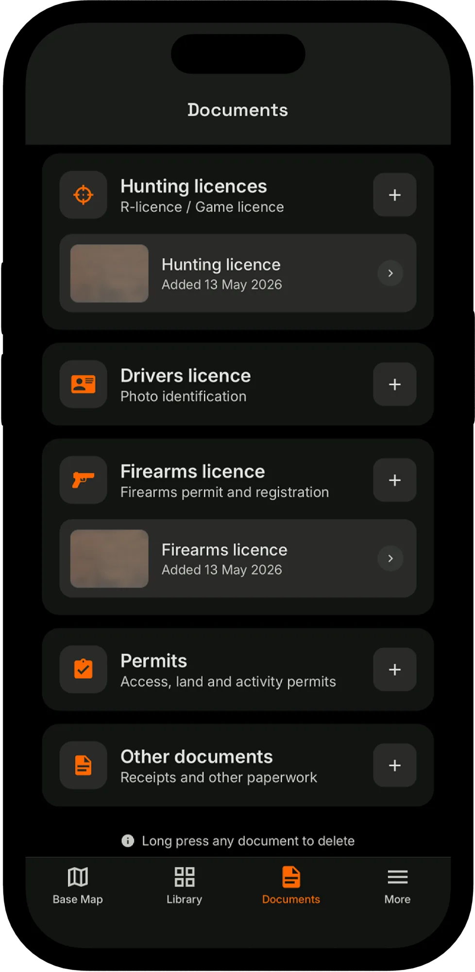 Documents tab with licences and permits