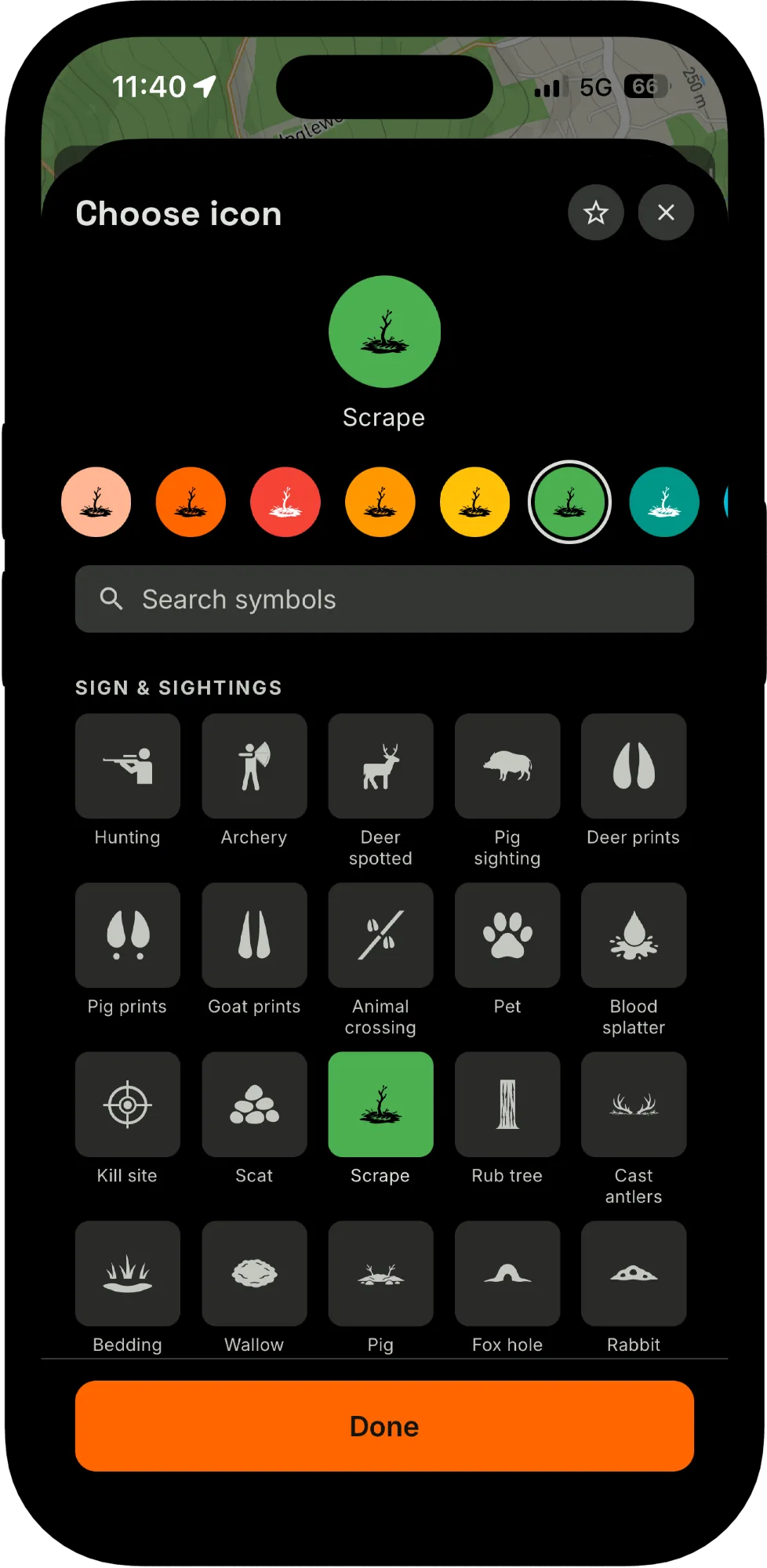 Marker icon picker showing sign and sighting symbols