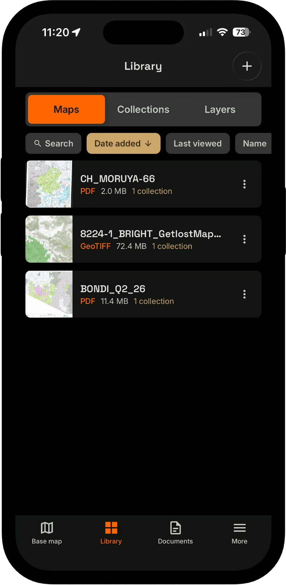 Map library listing imported GeoPDF and GeoTIFF maps