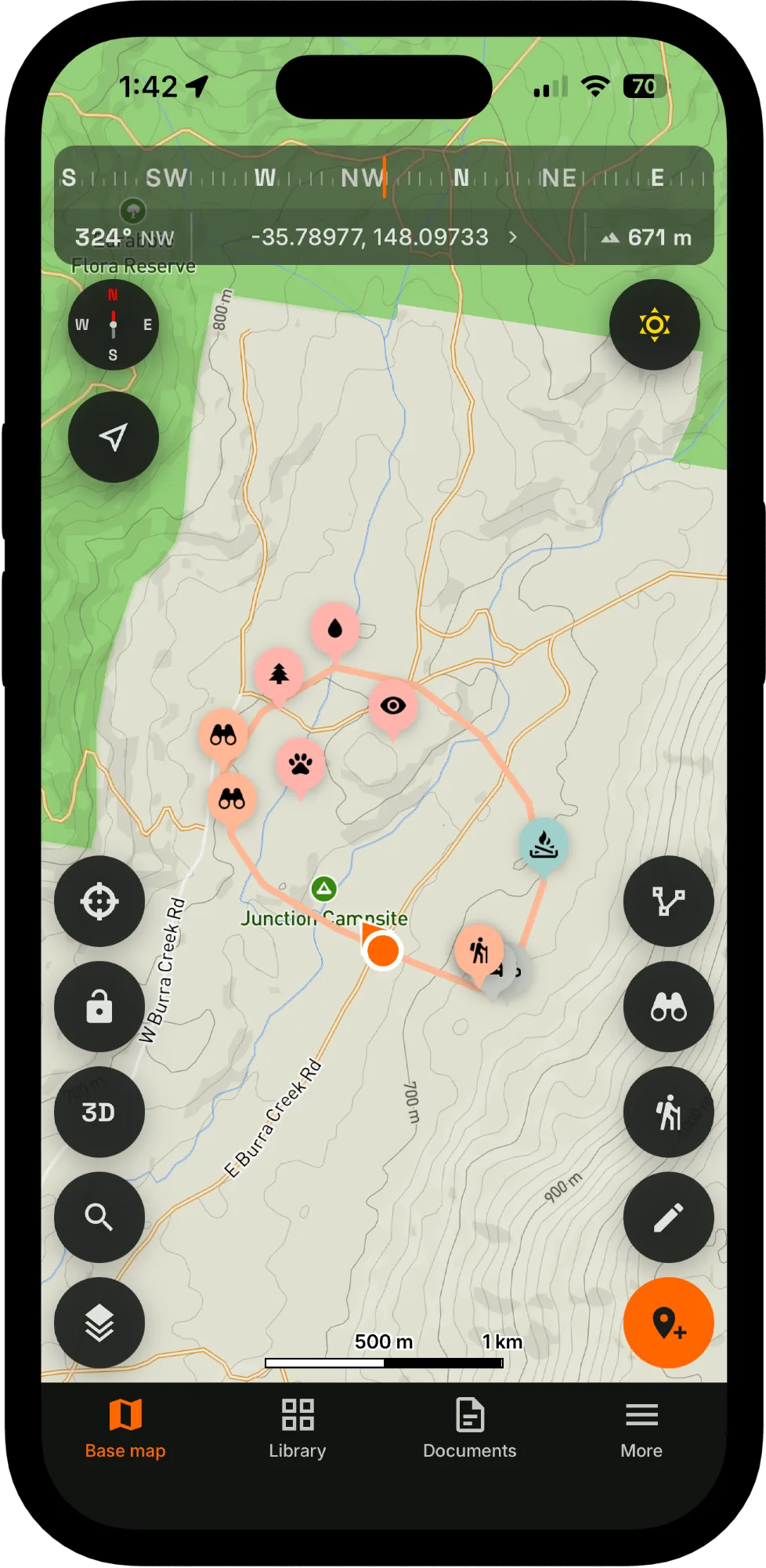 Map view with a planned route, waypoints and compass heading